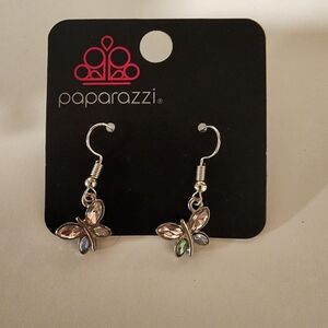 Paparazzi Silver Butterfly Earrings - Pink Iridescent Accents